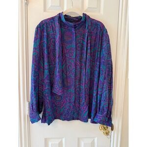 Vintage Country Sophisticates by‎ Pendleton Paisley Tie Neck Blouse Purple Teal